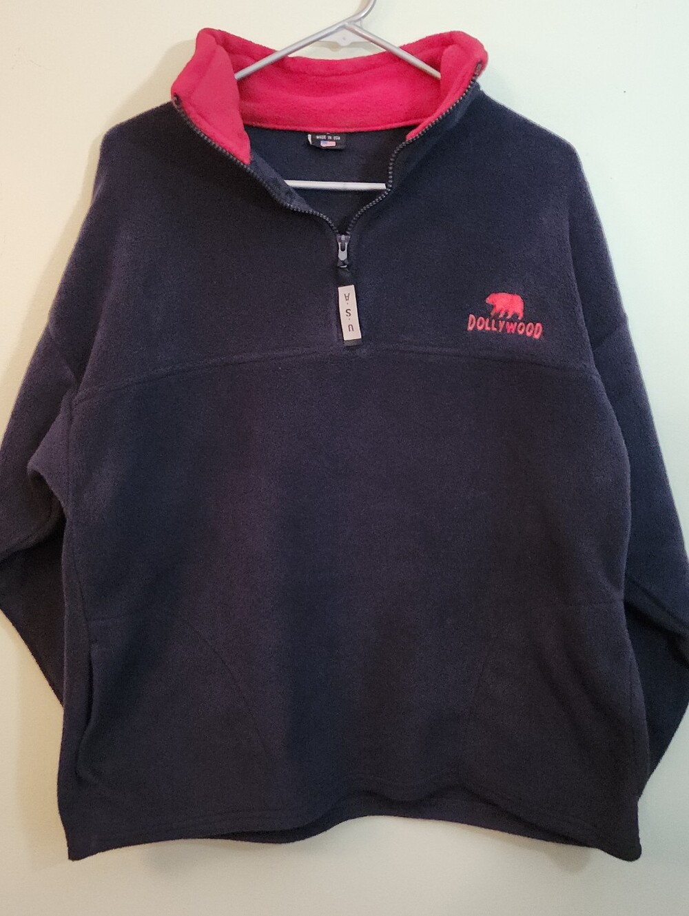 DOLLYWOOD Fleece Pullover 1/4 Zip Navy w/Red Logo Made in USA Mens/Unisex L GUC